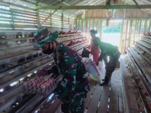 Anggota Satgas Pra TMMD Lakukan Komsos di Peternakan Ayam Petelur